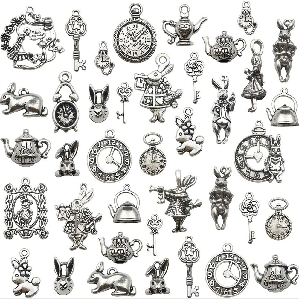 40 Alice in wonderland charms silver or bronze